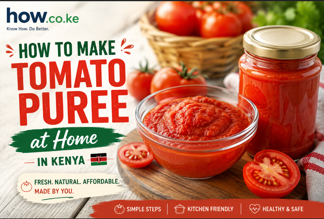 Homemade tomato puree in a glass bowl beside fresh ripe tomatoes and a jar of puree.