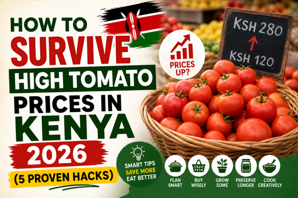 Basket of fresh tomatoes with rising price sign and bold text about surviving high tomato prices in Kenya 2026 with five proven hacks.
