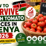 Basket of fresh tomatoes with rising price sign and bold text about surviving high tomato prices in Kenya 2026 with five proven hacks.