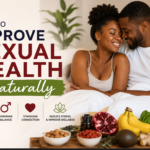 Happy African couple sitting closely in bed with healthy foods like bananas, avocado, spinach, ginger, and pomegranate beside them, illustrating natural ways to improve sexual health and wellness.