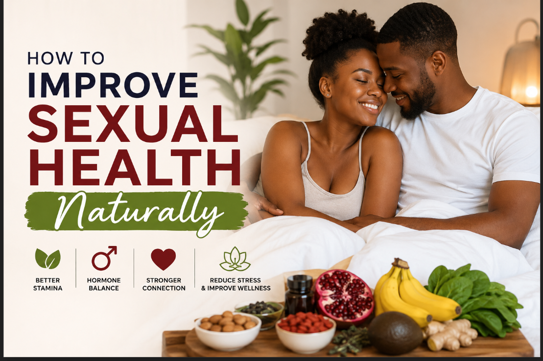 Happy African couple sitting closely in bed with healthy foods like bananas, avocado, spinach, ginger, and pomegranate beside them, illustrating natural ways to improve sexual health and wellness.